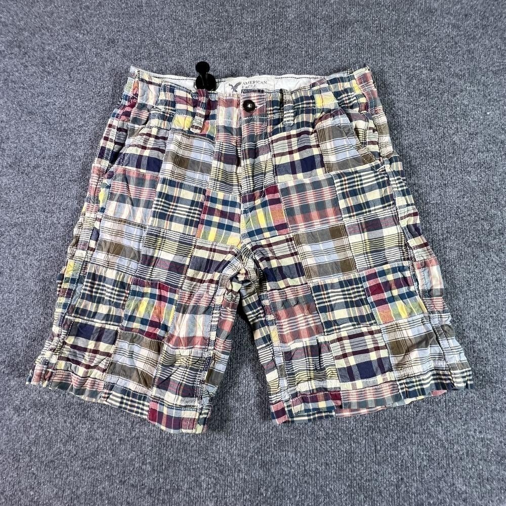 VTG American Eagle Outfitters Cargo Shorts Men's 30 White Cotton Plaid Patchwork